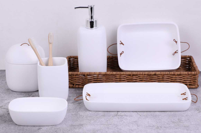Nordic Ceramics Polyresin Bathroom Set | 3-Piece Minimalist Soap Dispenser Set 07
